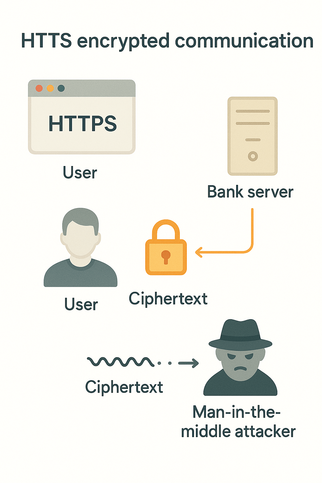 암호화된 HTTPS 통신에서 중간자가 패킷을 가로채더라도 암호문만 보이고 내용을 이해할 수 없는 구조를 보여 주는 다이어그램