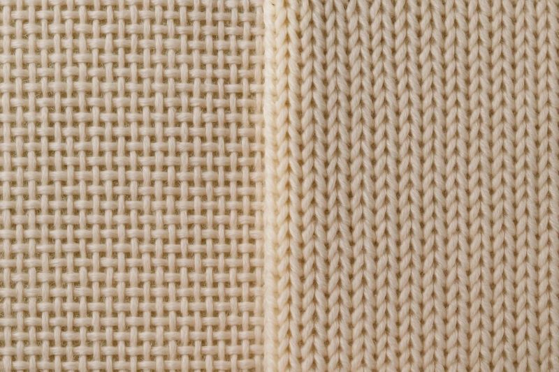 직조 방식과 편직 방식의 차이를 보여주는 직물 구조 클로즈업