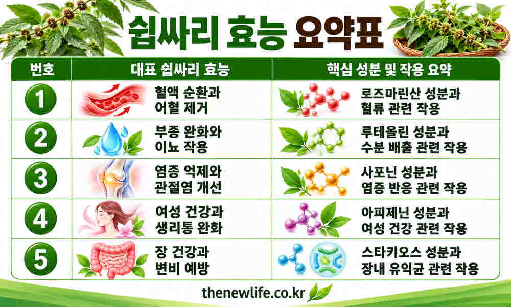 쉽싸리 효능 요약표