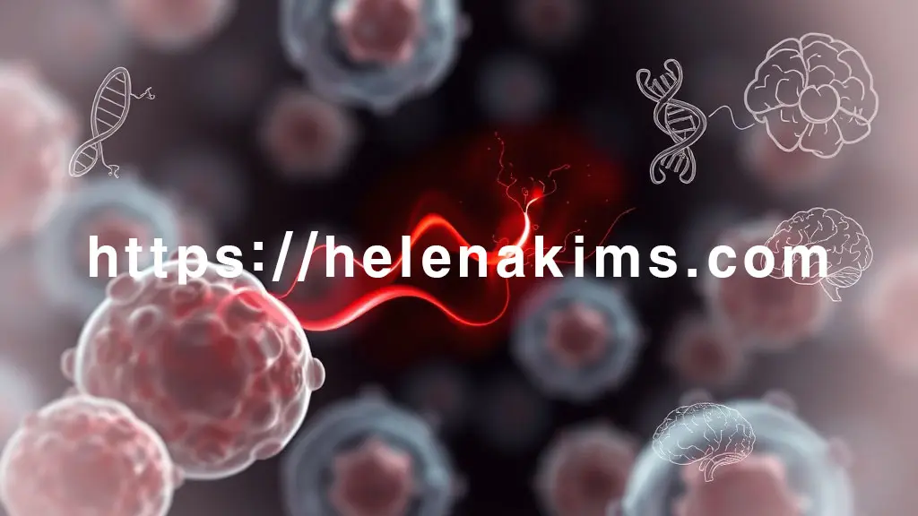 인체 세포들이 배경에 깔려 있다. 이 건강한 세포들 사이로, 붉고 탁한 빛깔의 염증 불씨가 은은하지만 끊임없이 타오르며, 세포 구조를 서서히 파괴하는 하는 그래픽 이미지.