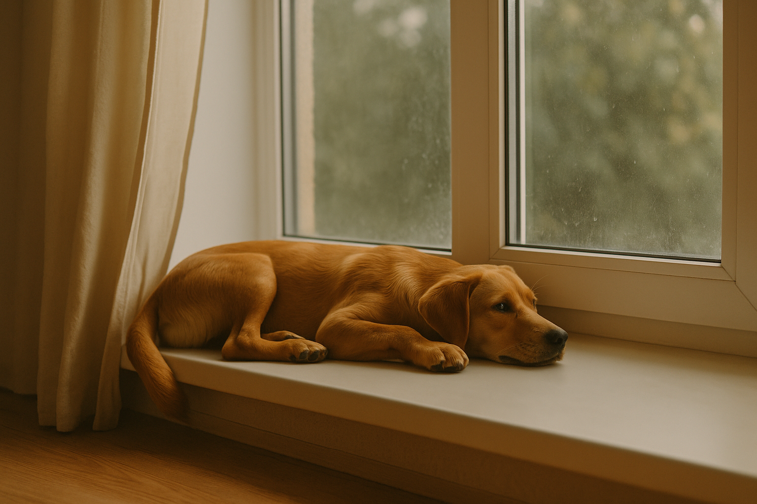 창가에 누워있는 강아지 이미지