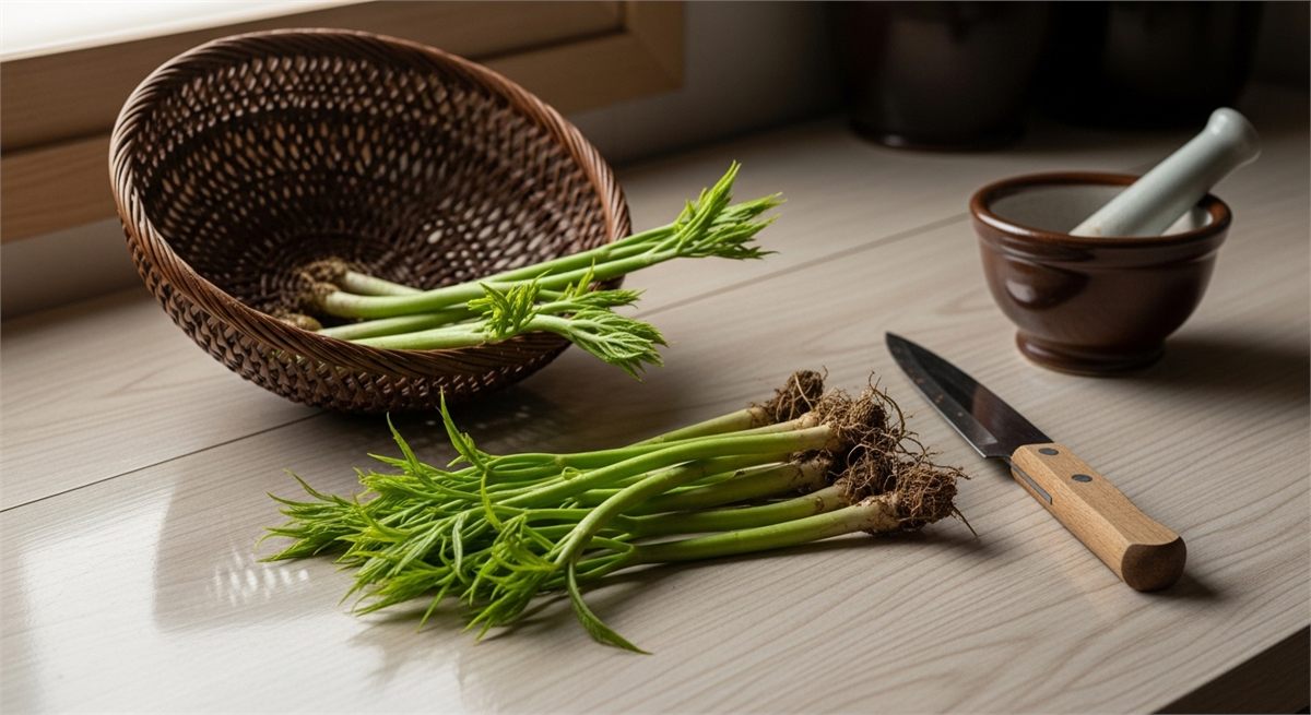 바구니와 조리도구로 땅두릅 재료를 소개하는 장면