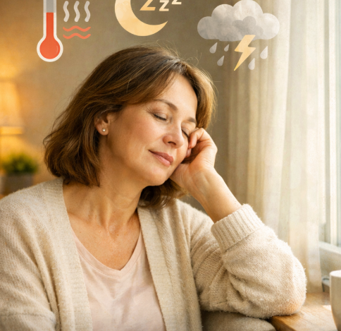 창가에서 중년 여성이 갱년기 초기 신호를 느끼며 휴식 하는 모습