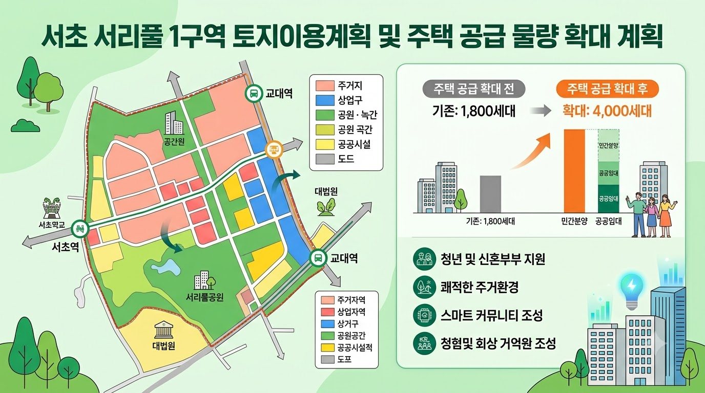 서리풀1지구 토지 이용 계획 및 주택 공급 물량 확대 계획을 보여주는 지도 이미지