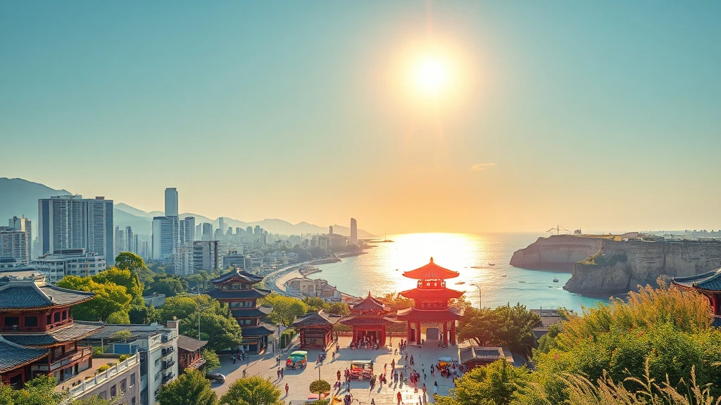 강 옆에 있는 도시와 한국 건축물이 어우러져 있는 모습