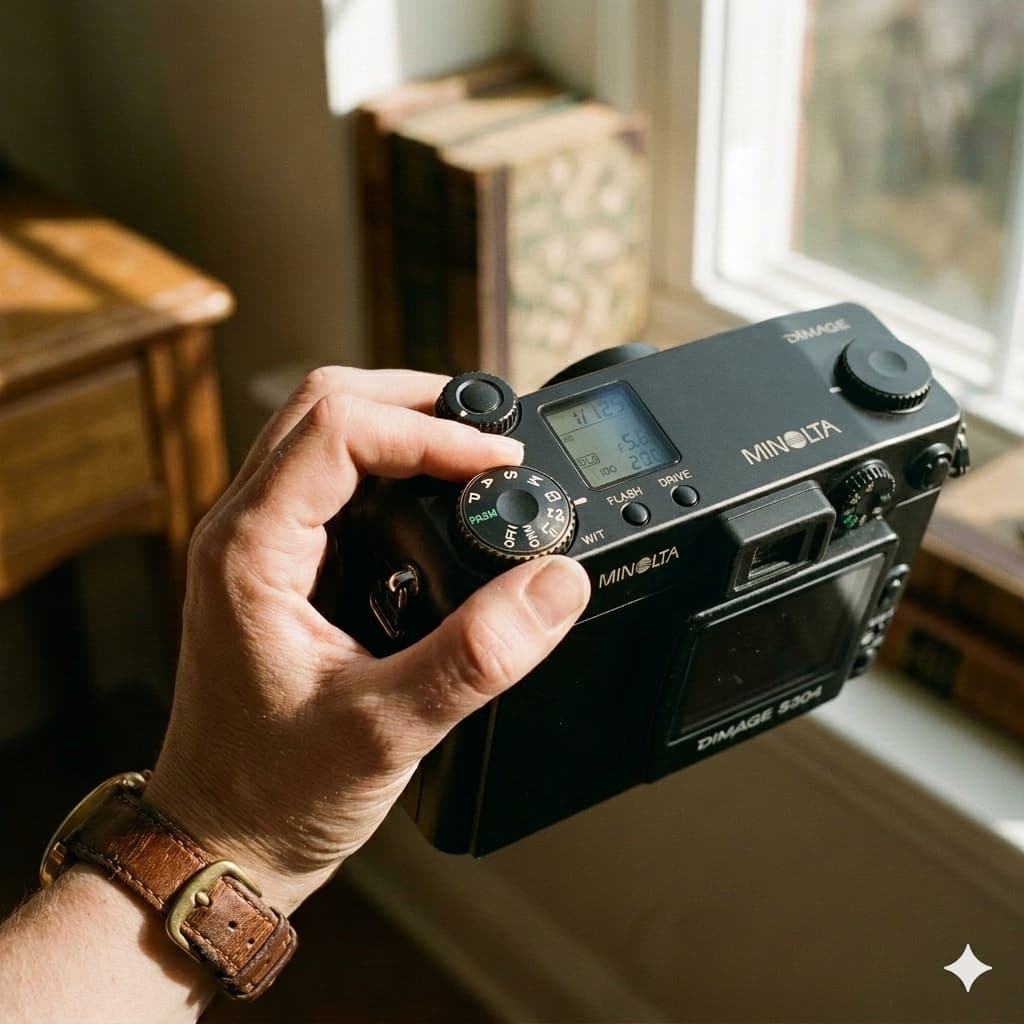 햇살이 비치는 창가에서 사용자의 손이 미놀타 디마지(Minolta DiMAGE) 콤팩트 빈티지 디카의 상단 모드 다이얼을 조작하는 클로즈업 사진.