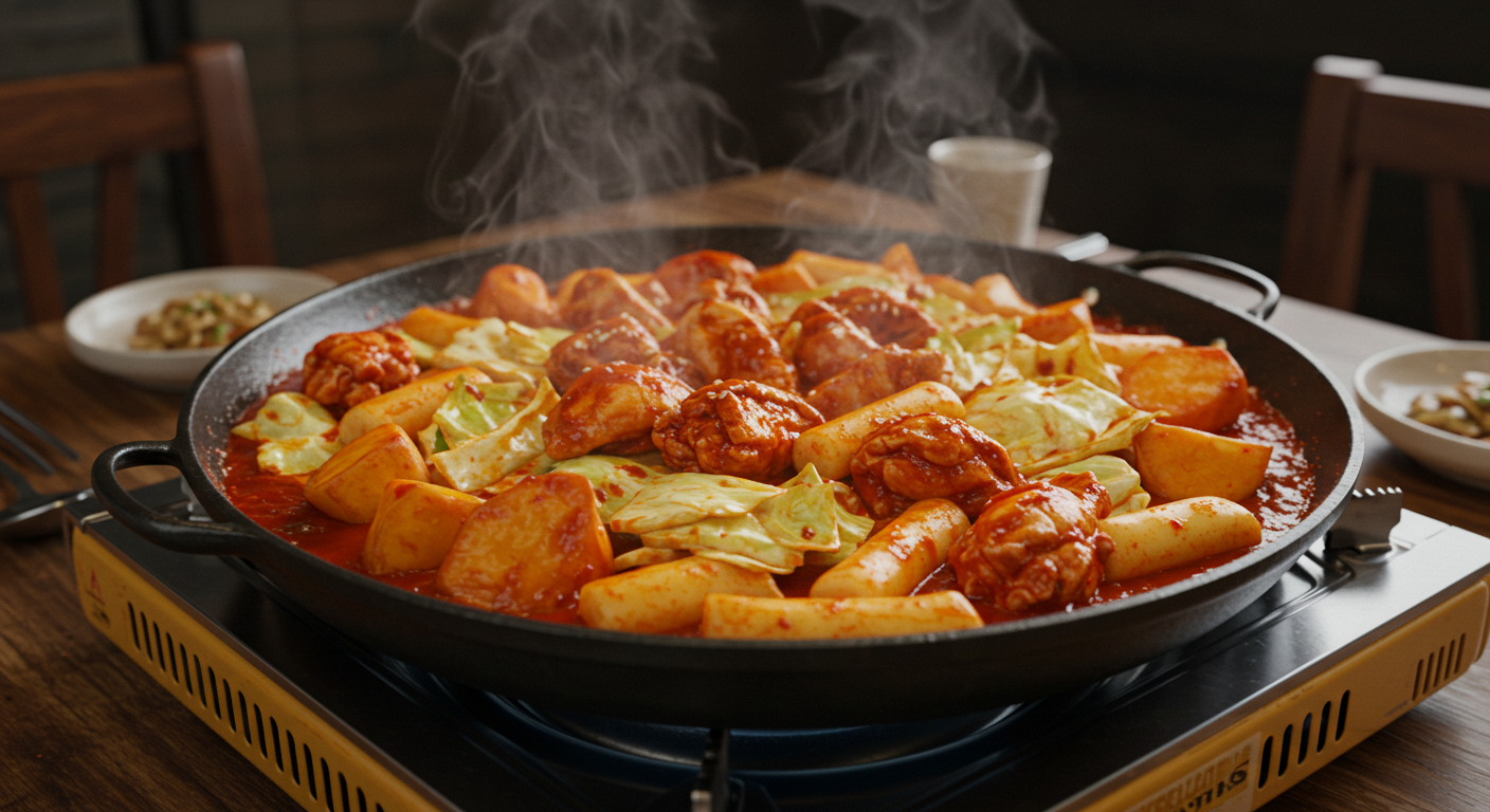 춘천 닭갈비 골목의 뜨거운 닭갈비 철판