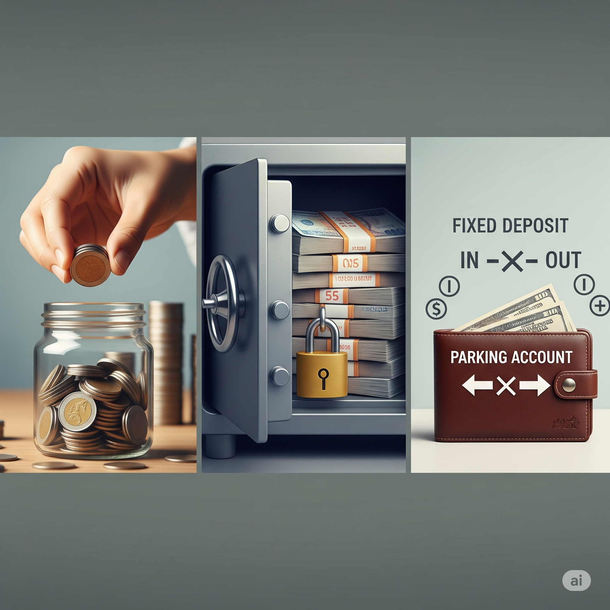 예금, 적금, 파킹통장 아이콘이 그려진 세 개의 집을 보며 고민하는 사람