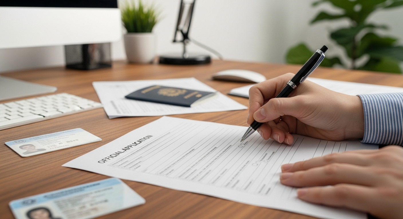 사망보험금 연금 전환 신청서를 작성하고 있는 손의 모습, 중요 서류들이 정돈되어 있다.