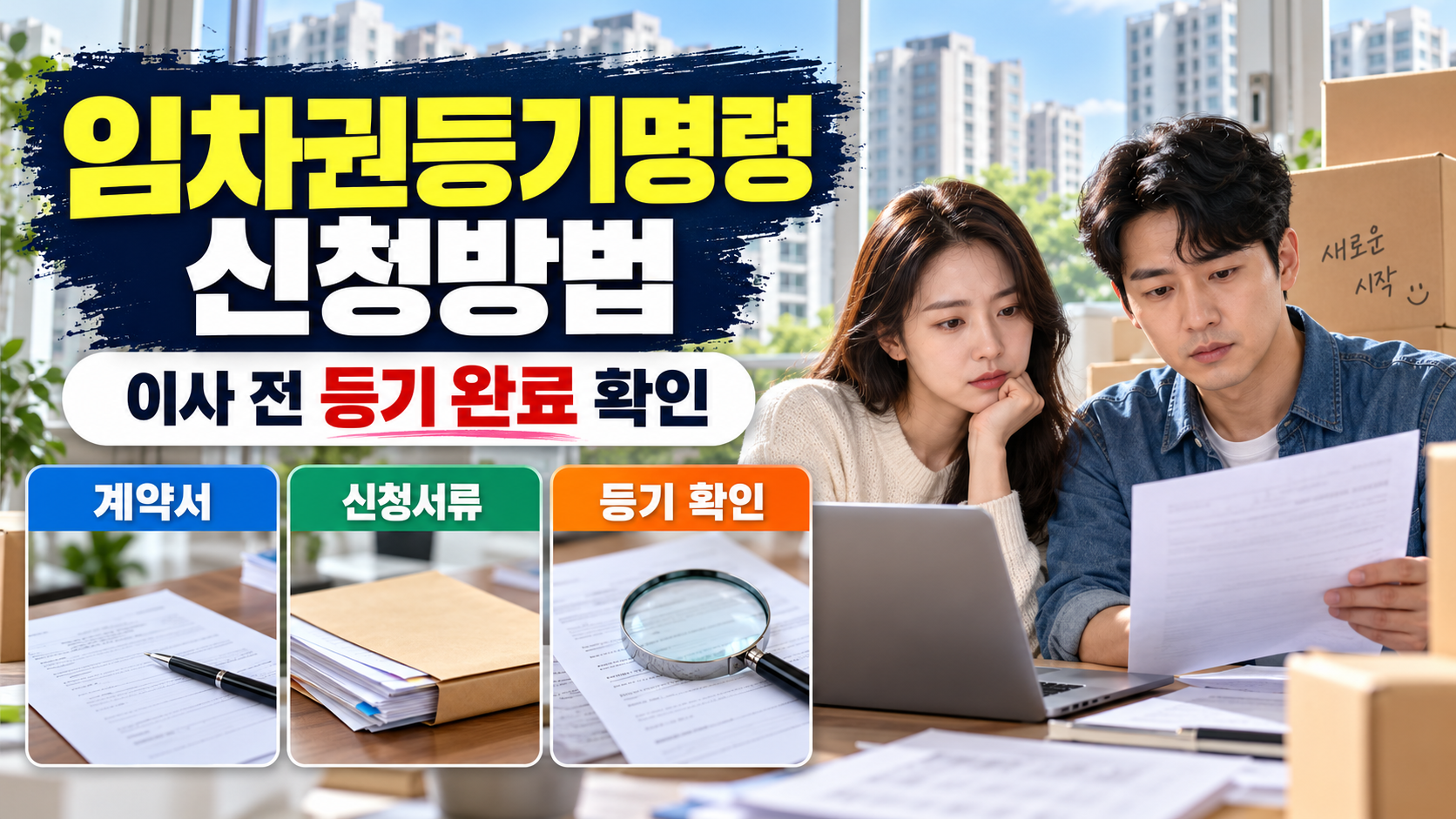 이사를 앞둔 세입자 부부가 임차권등기명령 신청서류를 살펴보며, 계약서 준비와 이사 전 등기 완료 확인을 안내하는 이미지