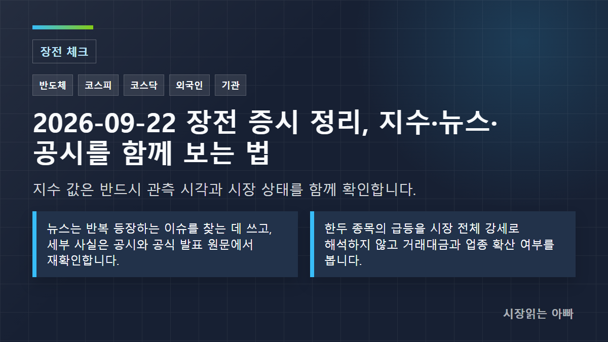 2026-09-22 장전 증시 정리, 지수·뉴스·공시를 함께 보는 법: 지수 값은 반드시 관측 시각과 시장 상태를 함께 확인합니다.