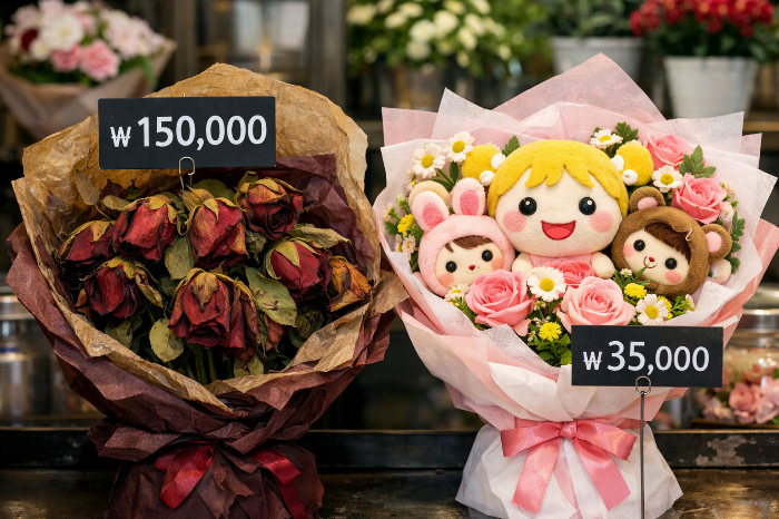 비싼 생화 꽃다발과 가성비 좋은 인형 꽃다발의 비교.