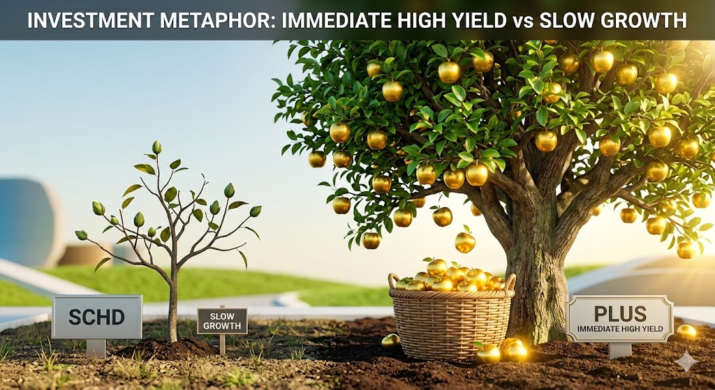 느리게 자라는 나무(SCHD)와 열매가 가득 열린 나무(PLUS)의 대비 일러스트