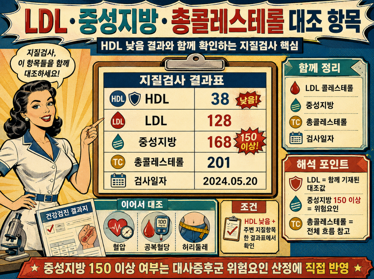 HDL 낮음 결과와 함께 LDL, 중성지방, 총콜레스테롤, 검사일자를 대조하는 지질검사 인포그래픽