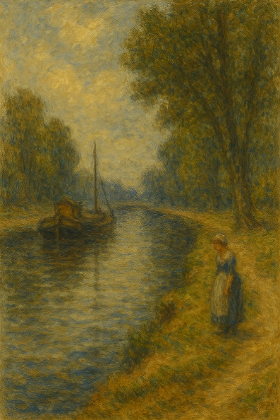 유화 스타일로 표현된 아를의 여인 이미지, 운하 옆 둑길을 걷는 여성과 배 한 척이 평화롭게 어우러진 전원 풍경