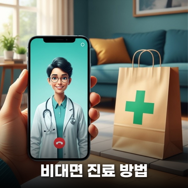 스마트폰으로 비대면 의사 진료를 받고 있는 모습과 현관 앞에 안전하게 배달된 처방약 쇼핑백 이미지