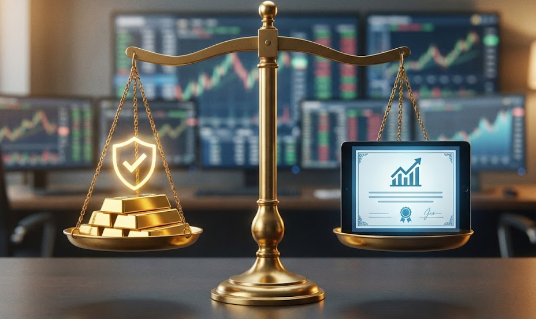 금 투자 방법별 세금 혜택과 수수료를 비교하는 저울과 금괴 이미지