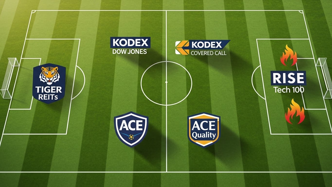 축구장 필드 위에 5개의 ETF 로고가 각각 수비수(리츠, 퀄리티), 미드필더(다우존스, 액티브), 최전방 공격수(테크 100) 위치에 배치된 전술도 이미지