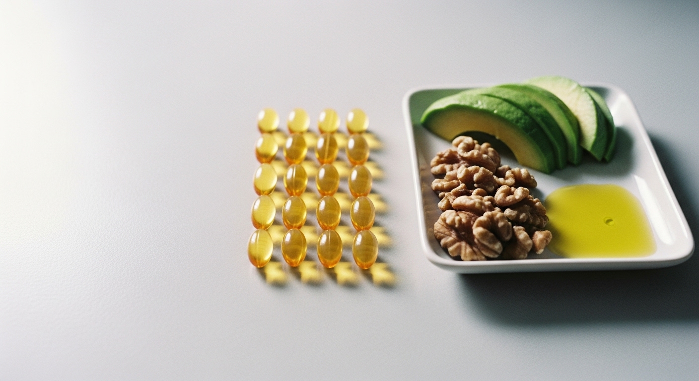 CoQ10-보충제-캡슐이-천연-지방이-함유된-작은-접시-옆에-깔끔하게-정리되어-있는-깔끔한-이미지로,-흡수력-향상을-상징하고-있습니다.