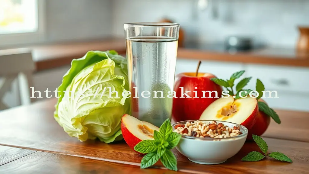 아침 공복에 섭취하면 좋은 물, 양배추, 사과, 오트밀 등이 놓여 있는 식탁의 모습.