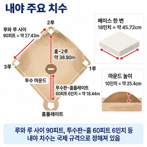 루간 거리 약 27.43미터 투수판에서 홈플레이트 약 18.44미터 홈에서 2루 약 38.80미터를 표시한 야구장 규격 이미지