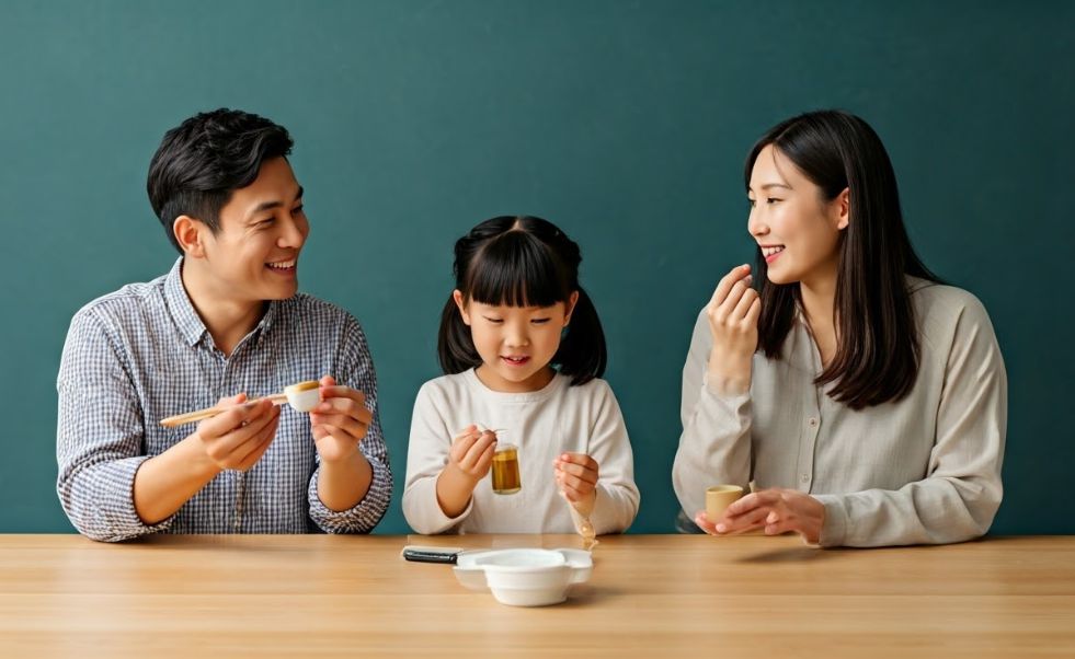 참기름을 활용한 요리를 먹는 3가족