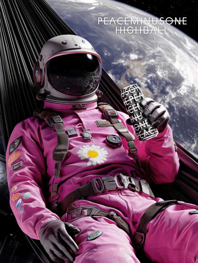 핑크색 우주복을 입은 사람이 지구를 등지고 검정색 해먹에 누워 지디 하이볼을 손에 들고 있다.