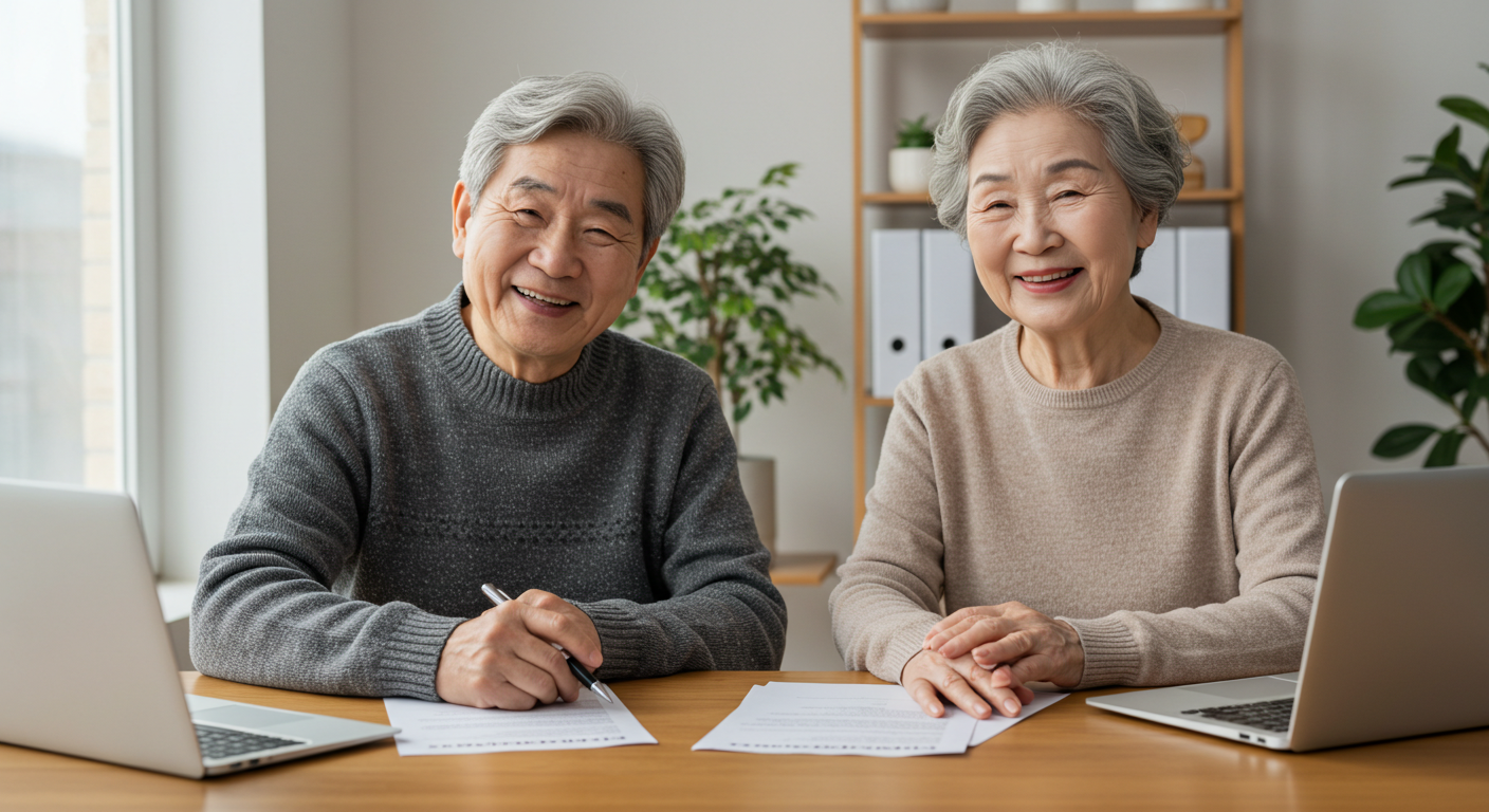 "Korean elderly couple applying for pension ❘ 한국 노부부 기초연금 신청 장면"