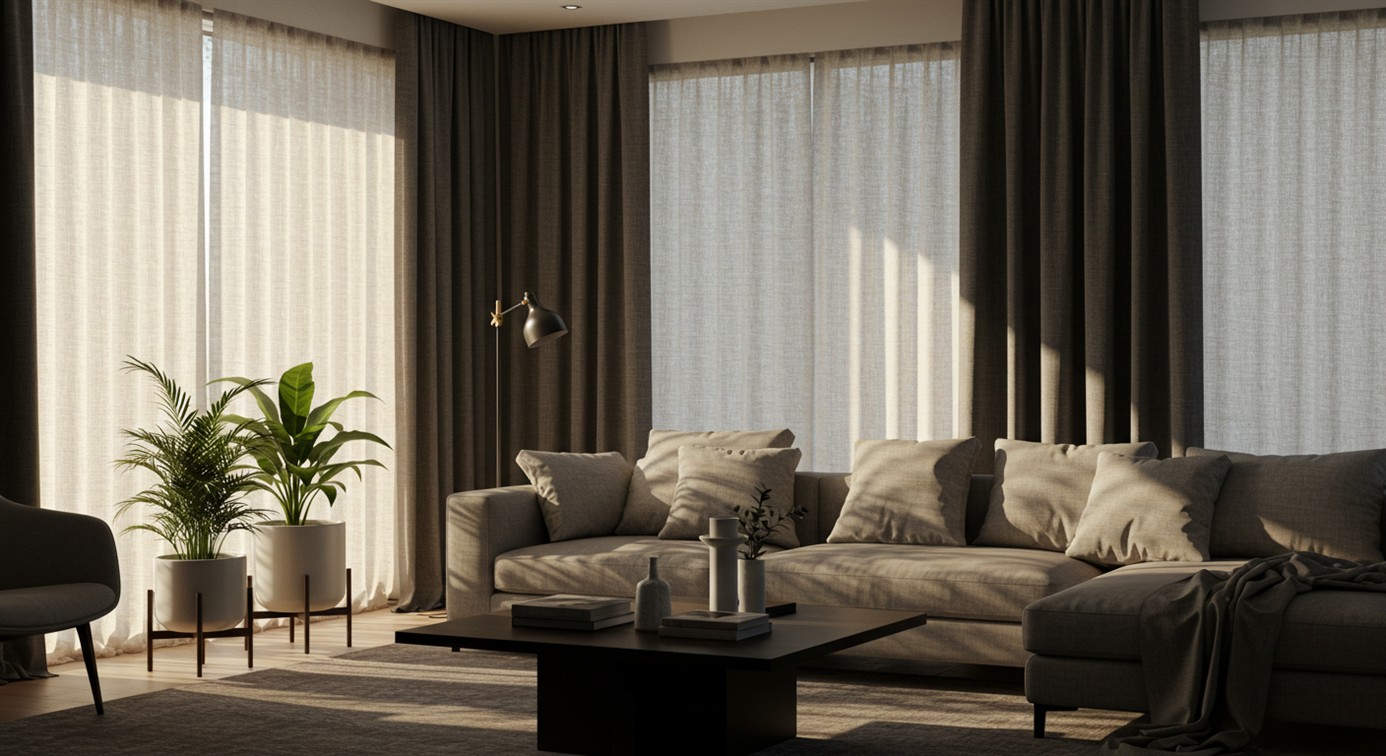 햇빛이 강하게 들어오는 창가, 블라인드와 커튼을 내려 차광 효과를 높인 거실.