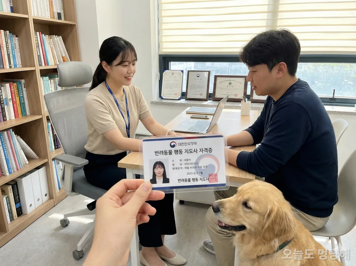 반려동물행동지도사 국가자격증을 보여주며 상담하는 전문 트레이너의 모습