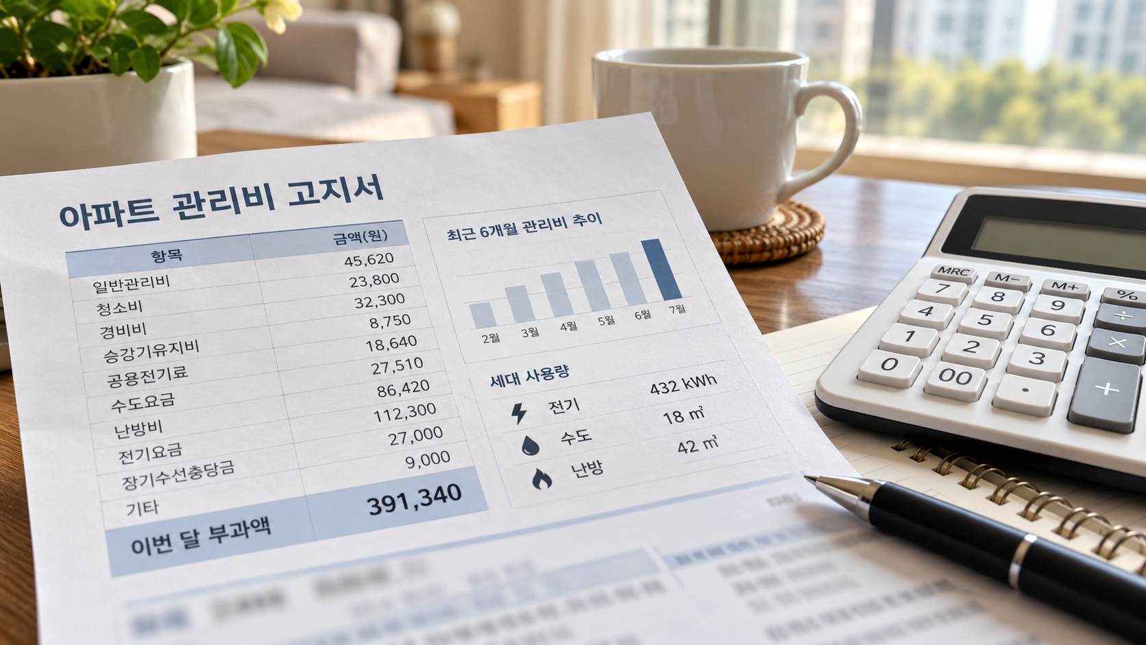 아파트 관리비 고지서 예시｜관리비 세부 항목과 월별 비용 변동 확인