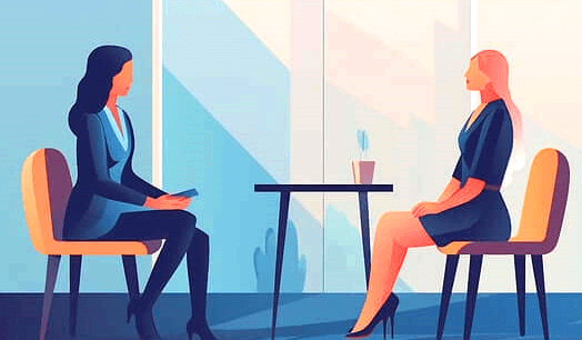 탁자를 사이에 두고 두 여성이 마주 앉아 면접을 보고 있다. 면접관은 긴 파마머리이고 면접 대상자는 분홍색의 긴 머리 여성이다.