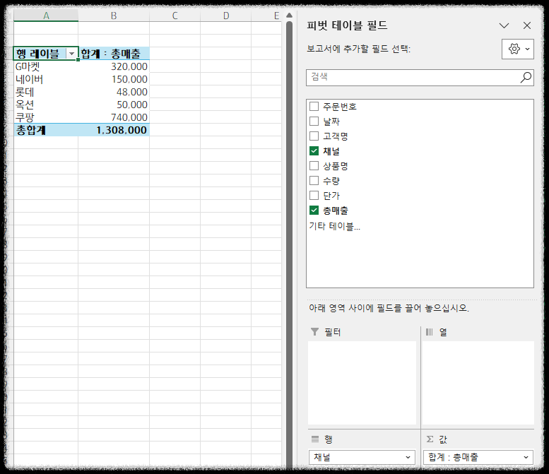 온라인 쇼핑몰 매출 분석 엑셀 피벗 테이블로 주문내역 정리를 한번에~ 데이터 월별 주간별 분기별 연별 상품별 채널별 매출
