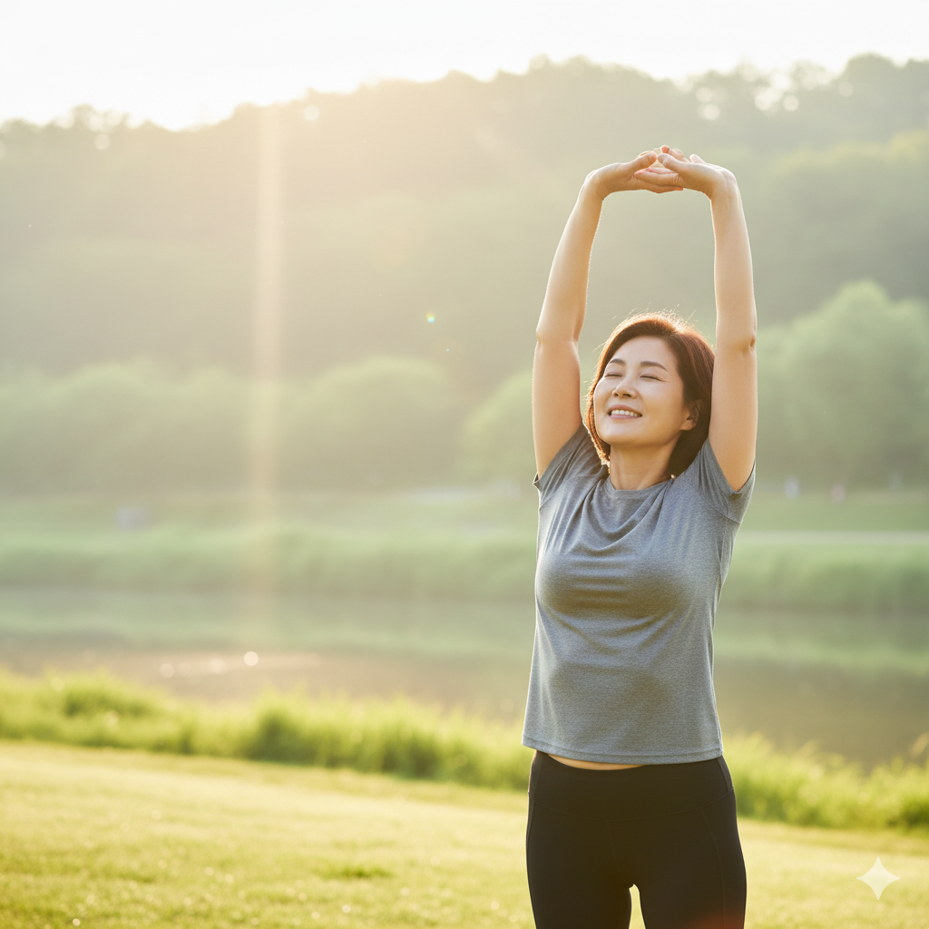 공원에서 아침 햇살을 받으며 스트레칭하는 건강한 중년 여성