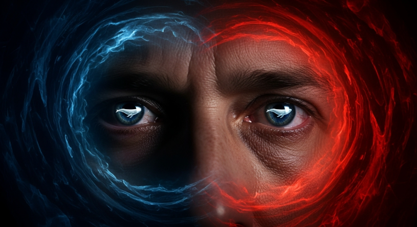 한 남자의 지친 듯 강렬한 눈에 초점을 맞춘 상징적이고 초현실적인 이미지. 동공에는 유령 같은 흰 고래가 비치고 있다. 배경은 집착과 광기를 상징하는 어두운 파란색과 불타는 듯한 붉은색의 추상적인 소용돌이.