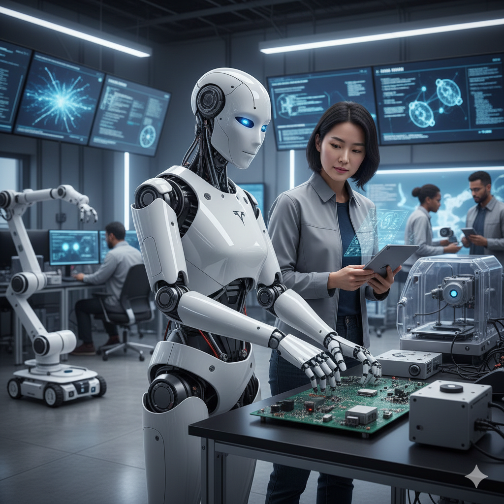 미국 실리콘밸리의 로봇 연구소에서 최첨단 휴머노이드 로봇을 테스트하고 있는 한국인 수석 엔지니어의 모습