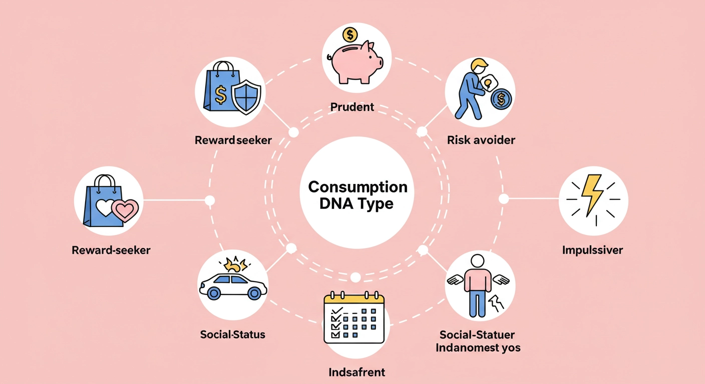 7가지 소비 DNA 유형을 보여주는 인포그래픽. 보상추구형, 절제형, 위험회피형, 사회과시형, 충동형, 계획형, 무감동형 아이콘이 원형으로 배치되어 있다.