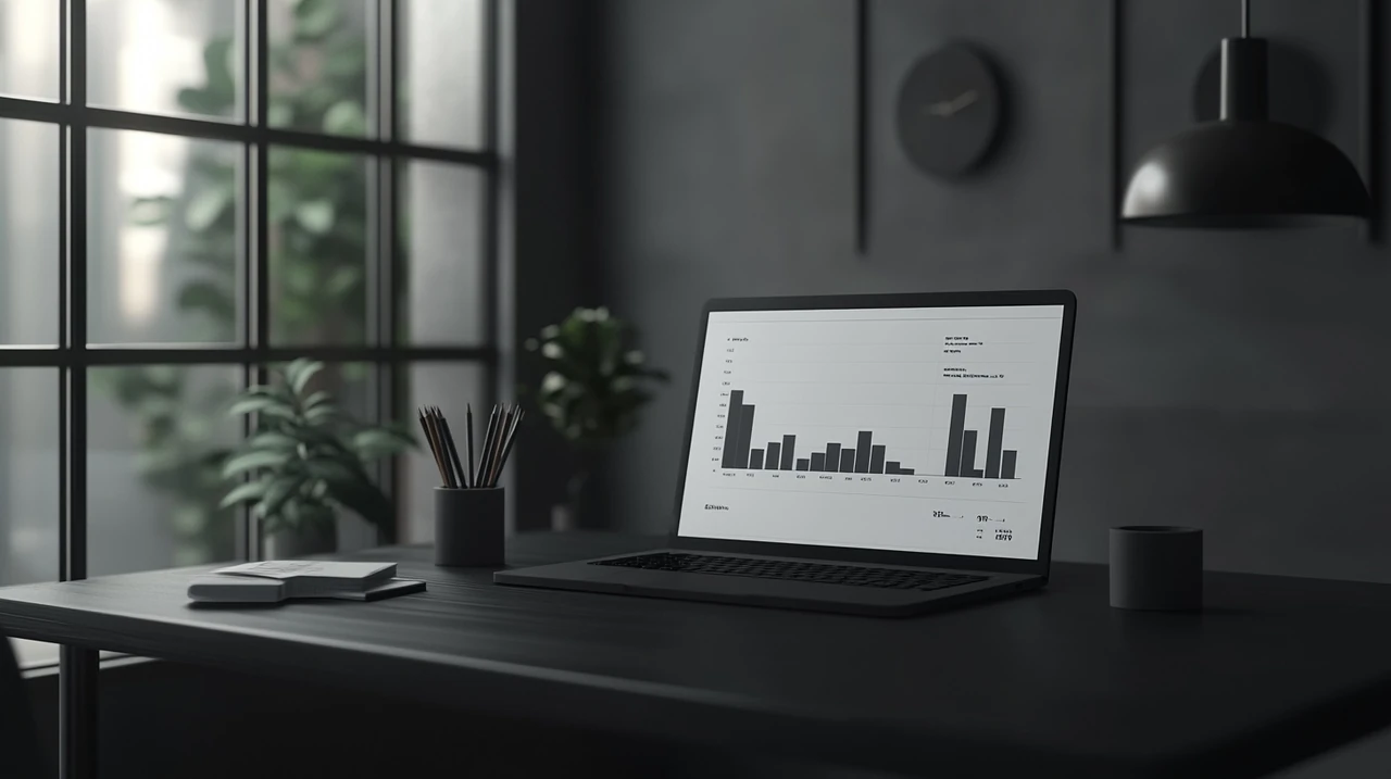 금융 전문가들이 현대 사무실에서 ETF 성과 차트를 분석하는 모습, 자연광이 큰 창문을 통해 들어와 테이블 위의 상세한 그래프와 차트를 강조하며 분석적이고 집중된 분위기를 자아냄