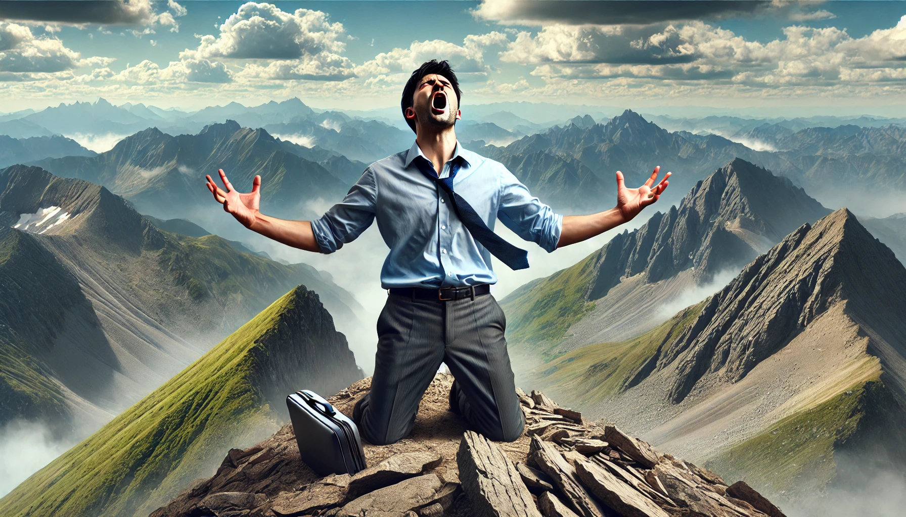 한 직장인 남성이 스트레스를 풀기 위해 산 정상에 올라 소리를 지르는 이미지