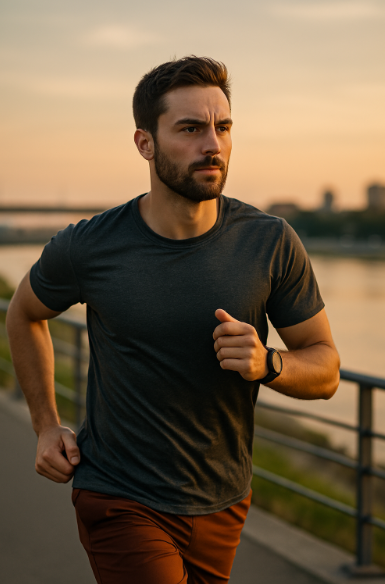 혼자 도시 외곽 또는 강변을 달리는 집중한 표정의 남성
