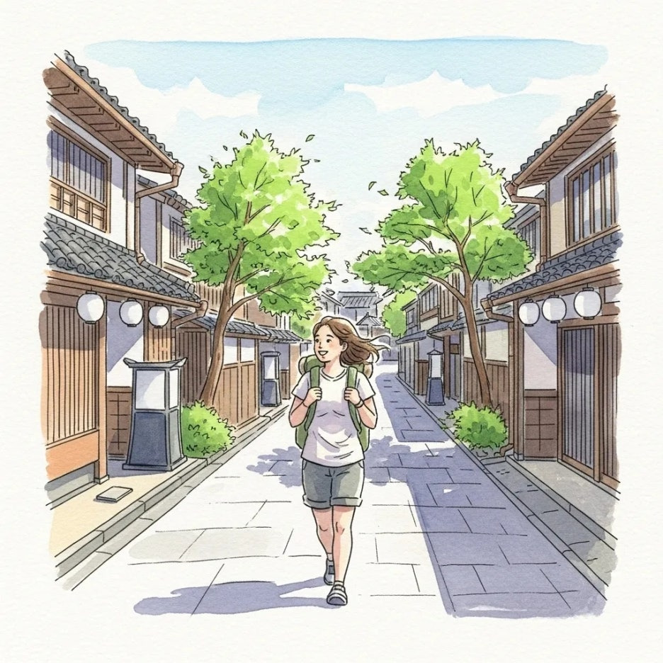 도쿠시마 거리를 걷는 즐거운 여행자