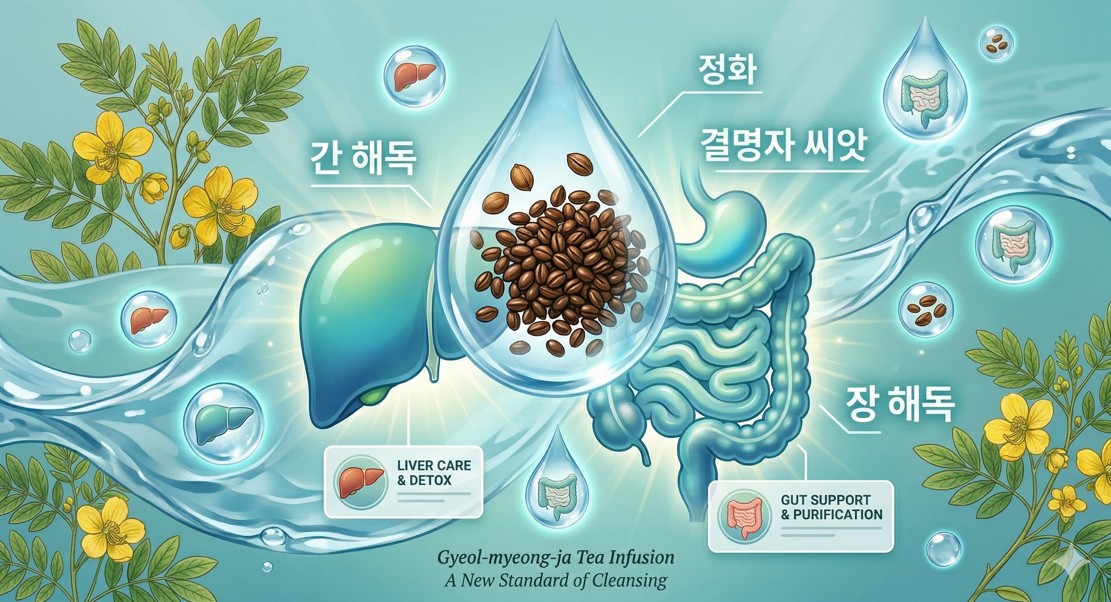 간과 장의 해독을 상징하는 깨끗하고 맑은 물방울과 결명자 씨앗의 콜라주