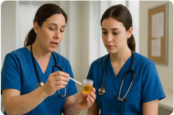 간호사가 신규 교육생에게 소변검사 과정을 설명하는 장면