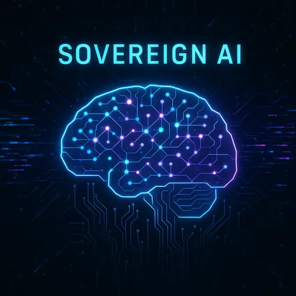 미래지향적인 인공지능과 기술적 요소가 조화를 이루는, '소버린 AI 완전 정복 가이드' 블로그 대표 이미지