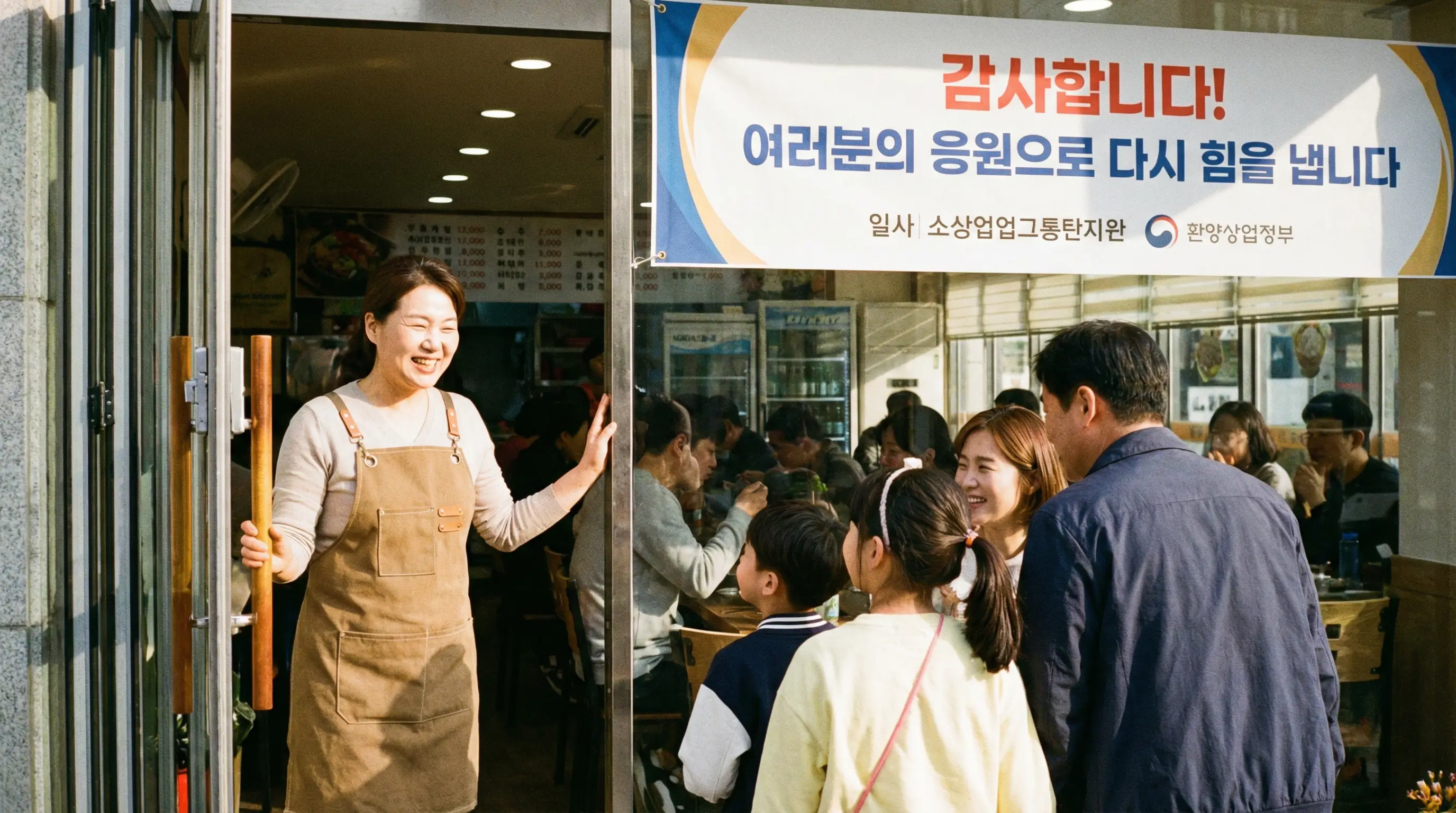 지원금을 받아 가게 운영의 숨통이 트인 사장님이 밝은 표정으로 손님을 맞이하는 모습