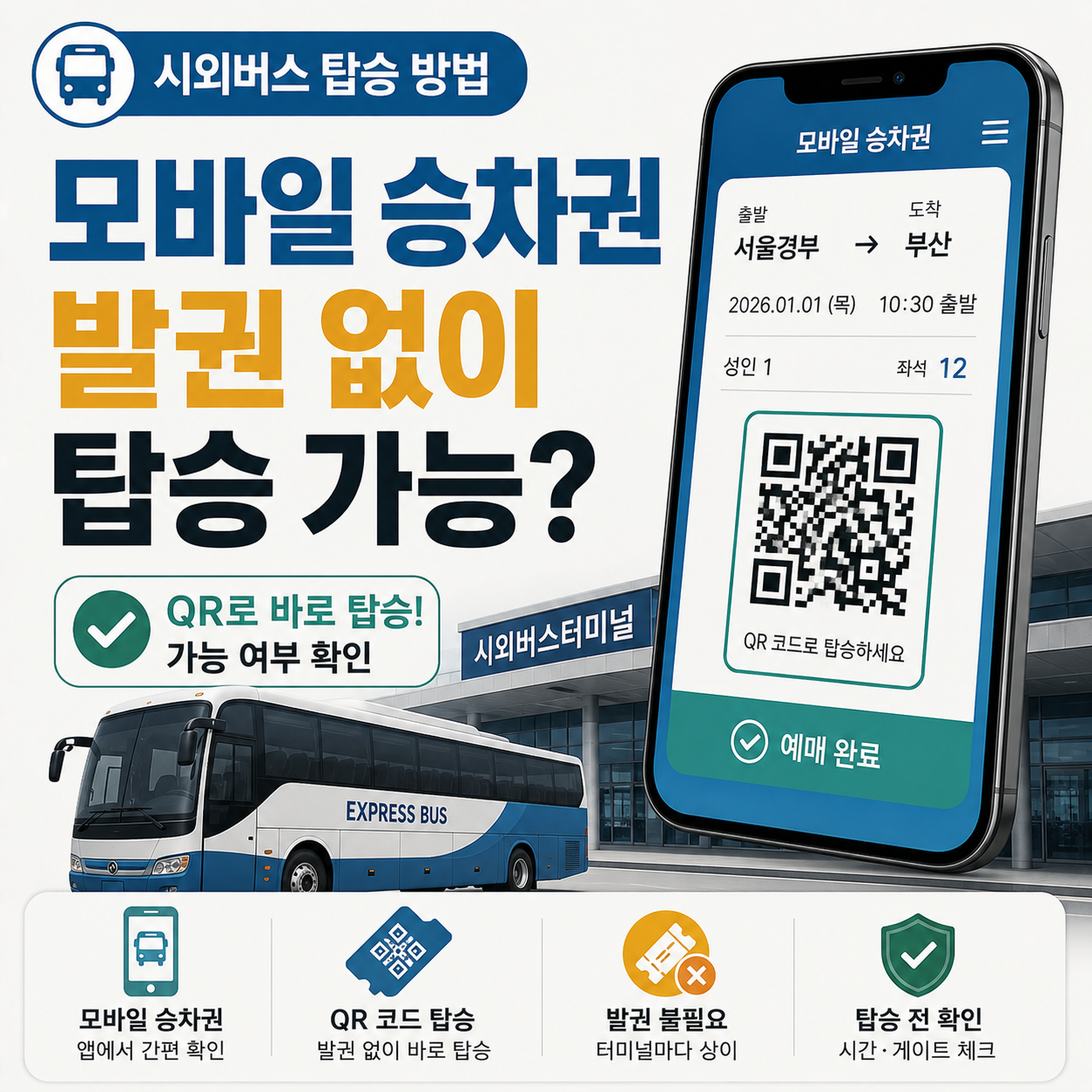 시외버스 모바일 승차권 발권과 탑승 방법을 보여주는 이미지