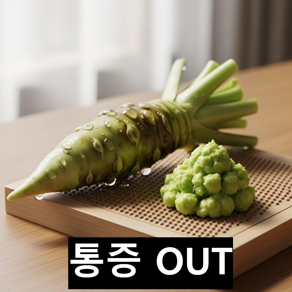 욱신거리는 신경 통증 완화에 도움을 주는 신선한 생고추냉이 뿌리와 강판에 갈린 알싸한 고추냉이의 모습