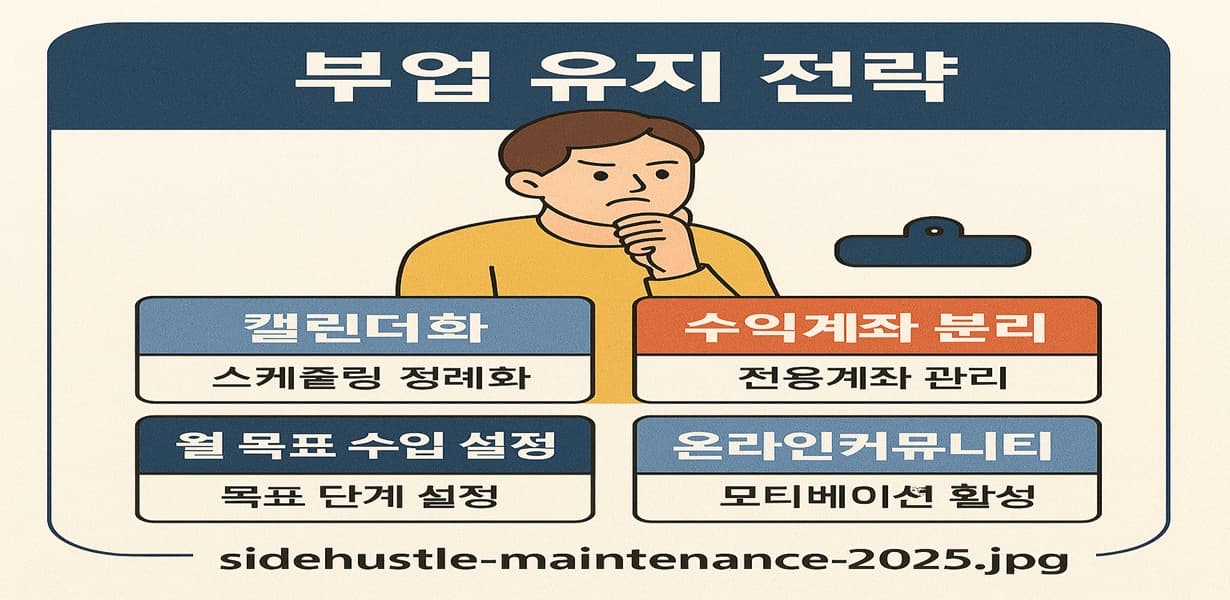 부업을 꾸준히 유지하기 위한 4가지 전략인 캘린더화, 수익계좌 분리, 월 목표 설정, 온라인 커뮤니티 활용이 정리된 인포그래픽