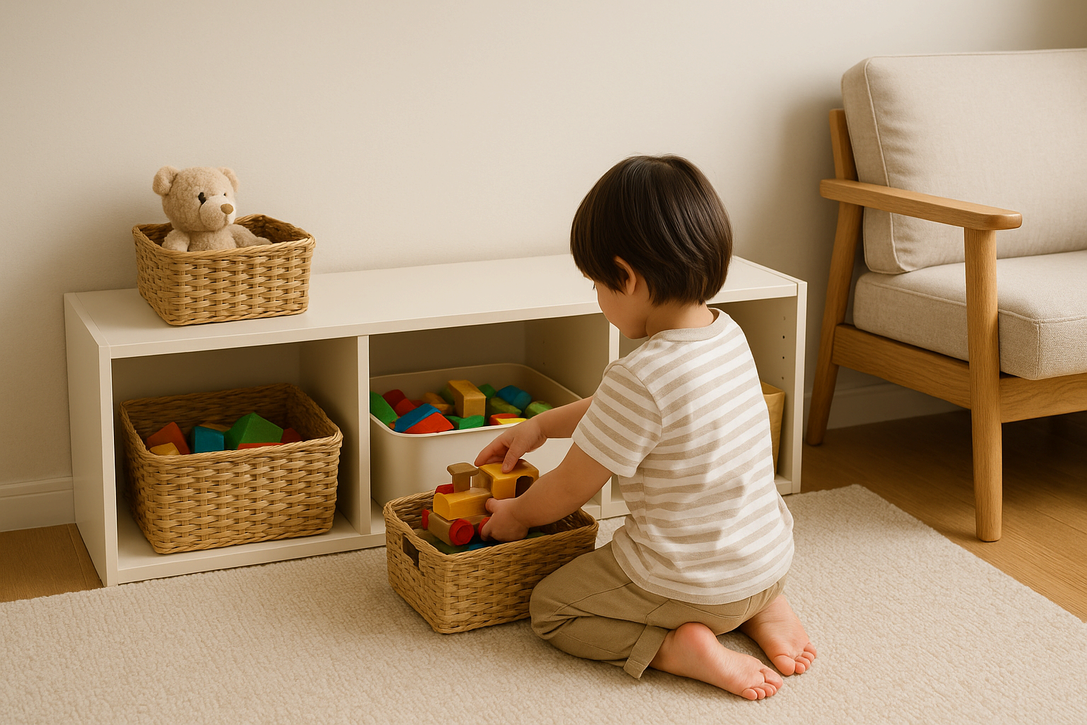 아이 장난감이 수납함에 정리된 거실