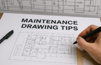 유지관리 도면 작성 책상 위에 청사진과 펜, 삼각자가 놓여 있고, 한 손이 평면도를 그리는 장면.